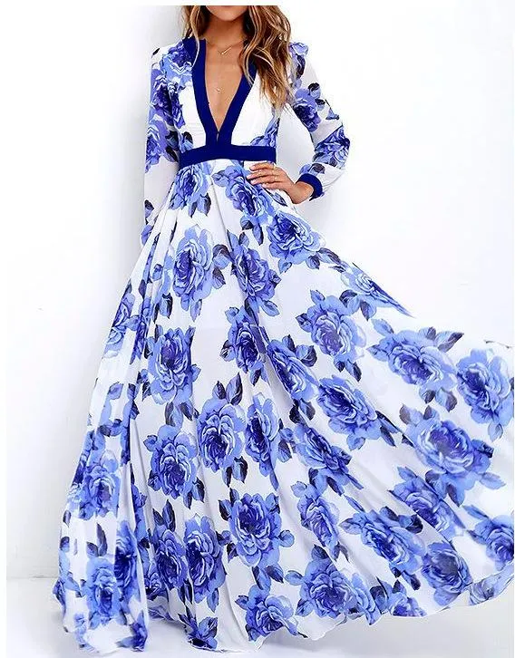 Blue Floral Print V Neck Long Maxi Dresses