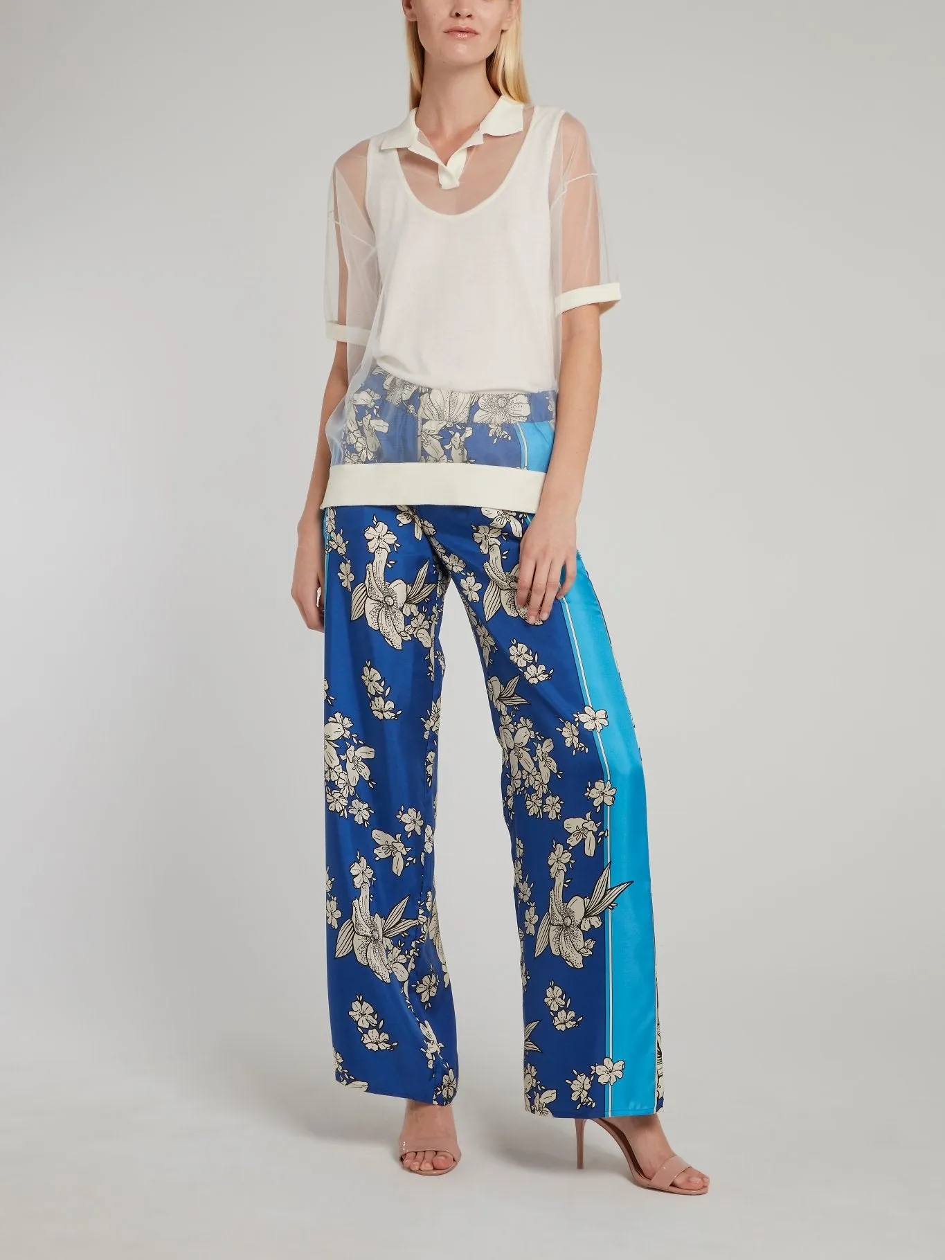 Blue Floral Sketch Silk Palazzo Pants