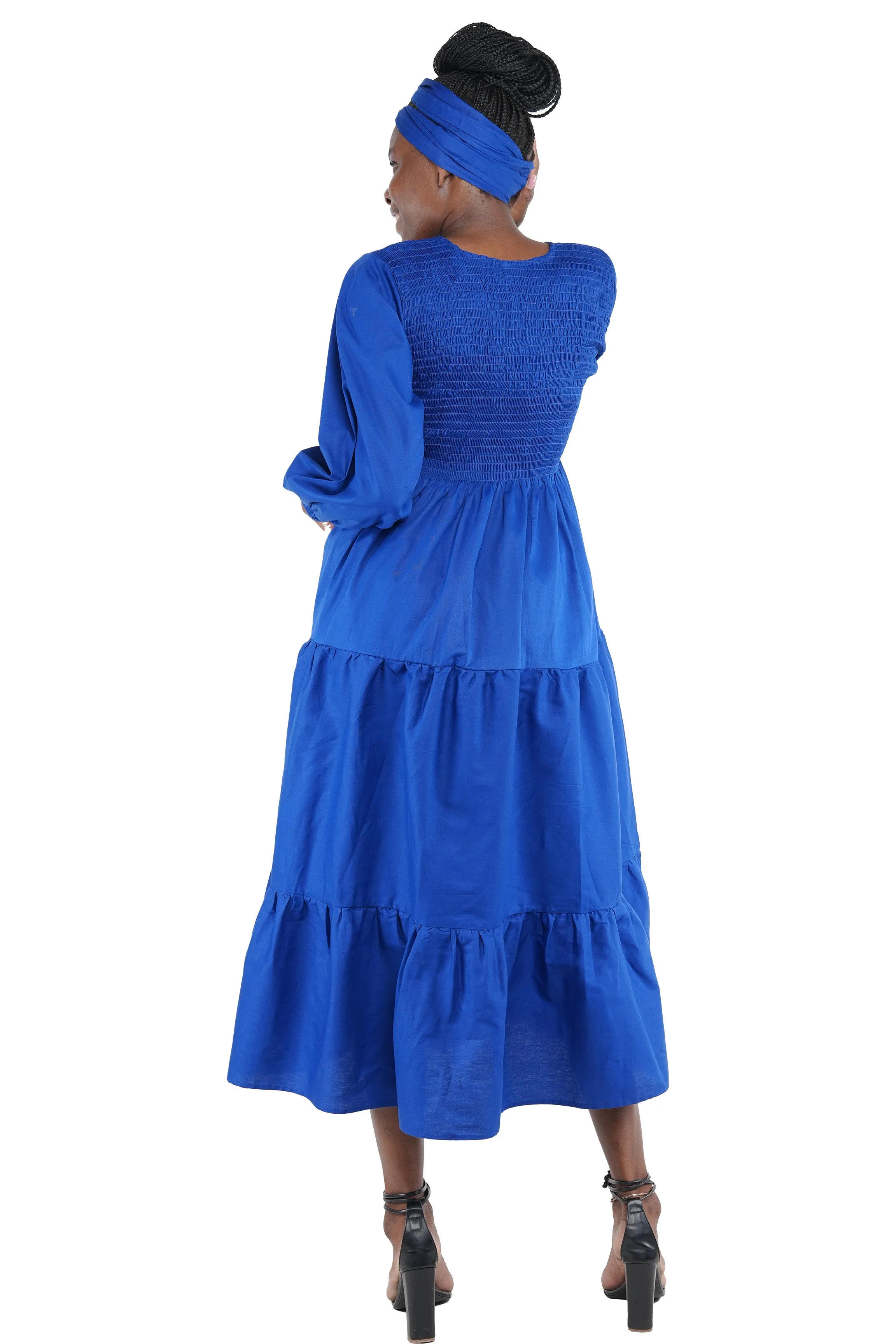 Blue Long Smocked Tier Dress