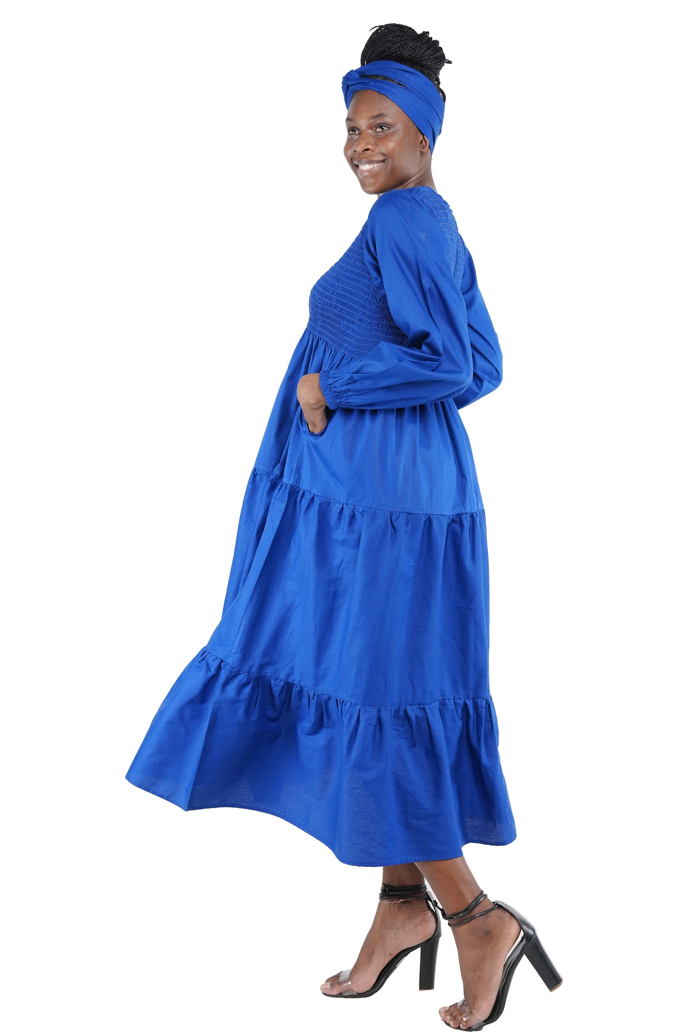 Blue Long Smocked Tier Dress