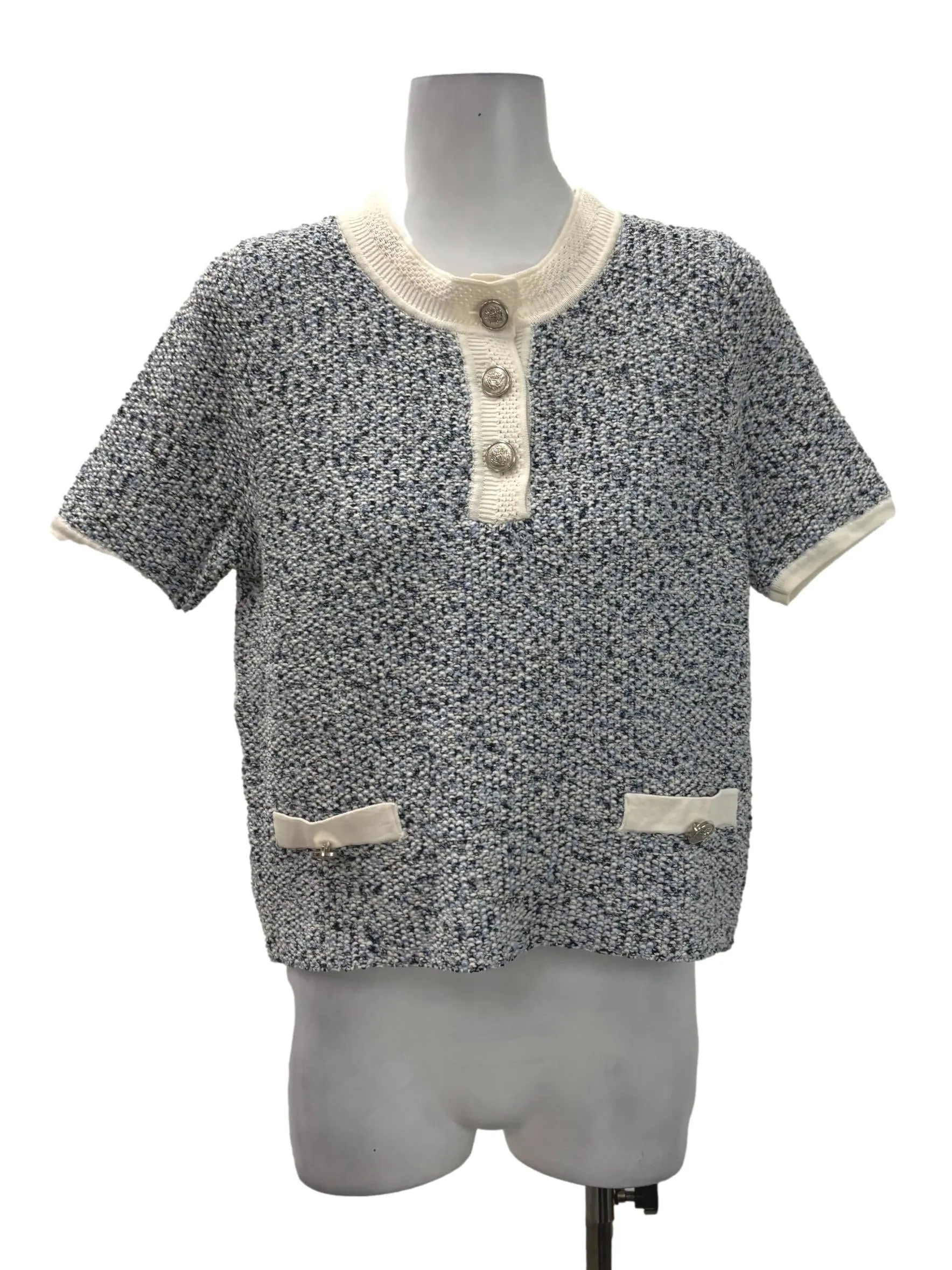 Blue Tweed Blend Button Down Top