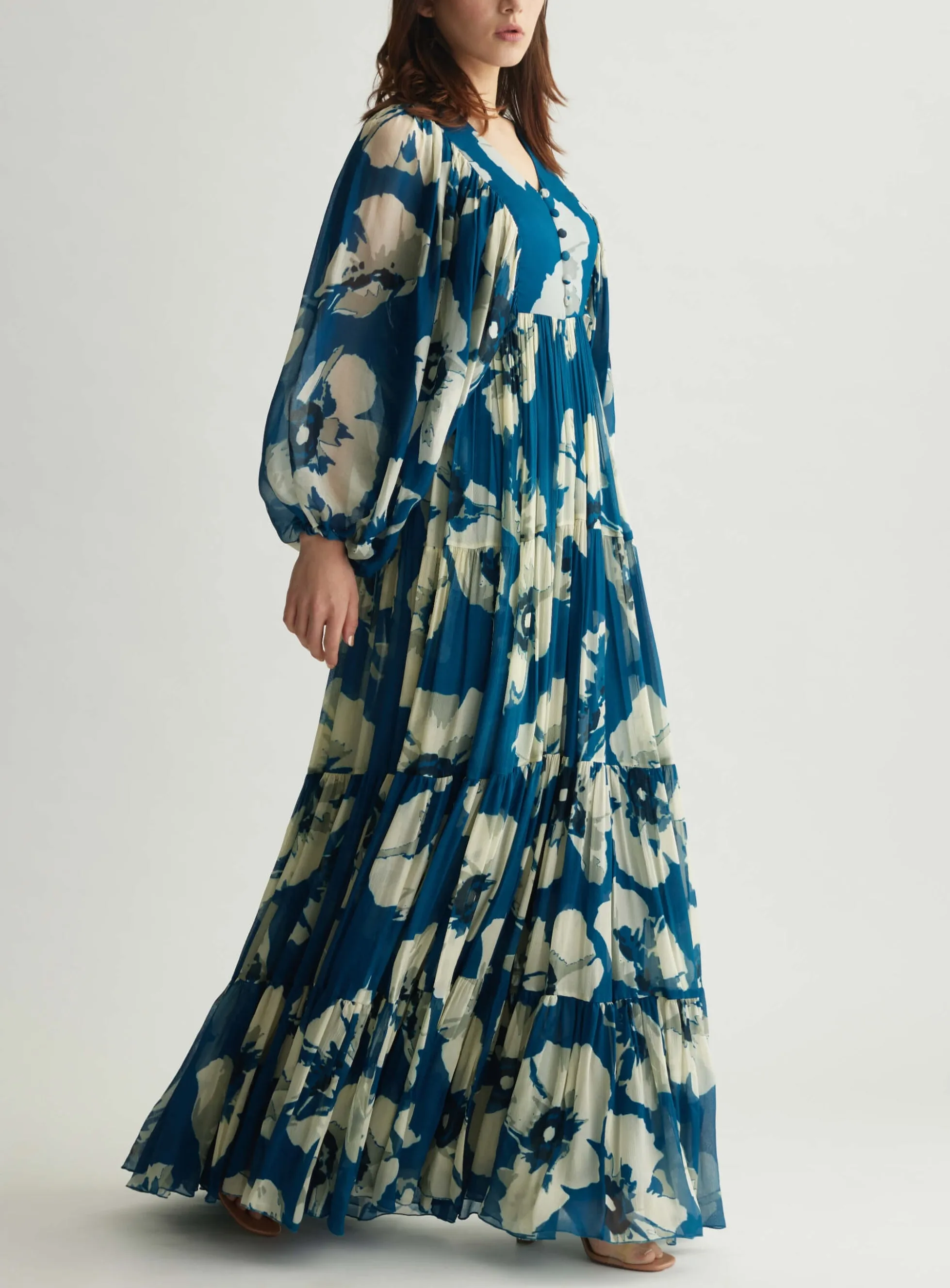 Blue white floral balloon sleeve jumpsuit