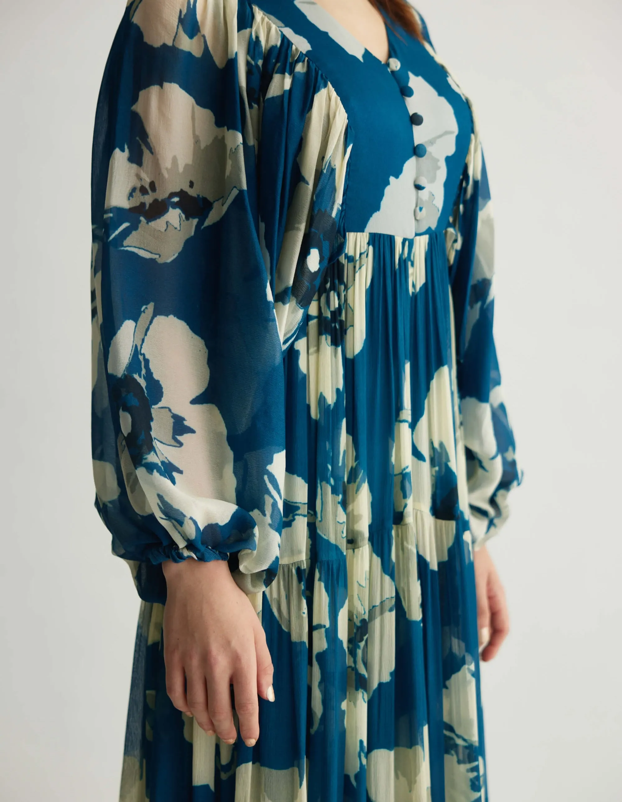 Blue white floral balloon sleeve jumpsuit