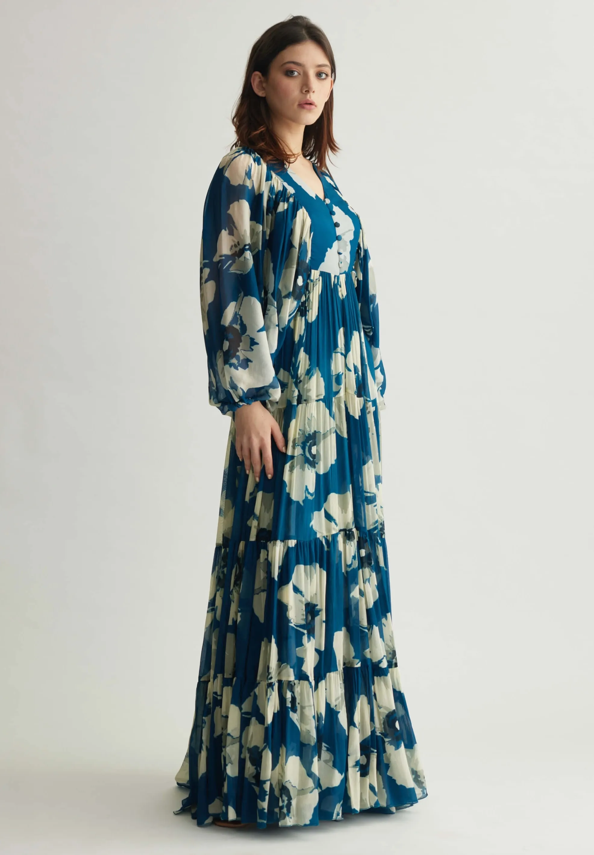 Blue white floral balloon sleeve jumpsuit