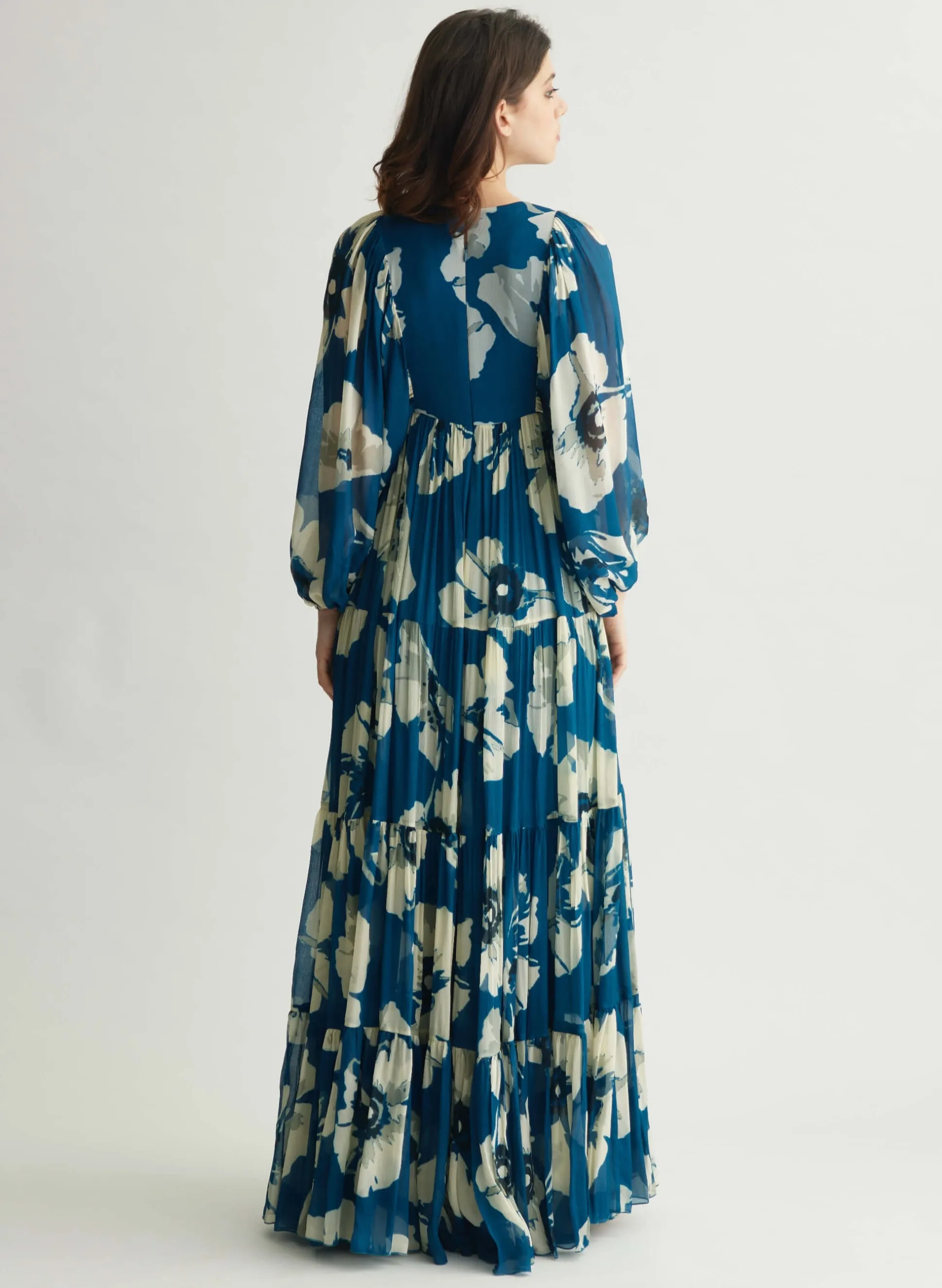 Blue white floral balloon sleeve jumpsuit