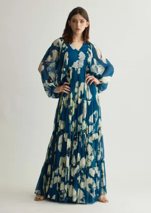 Blue white floral balloon sleeve jumpsuit