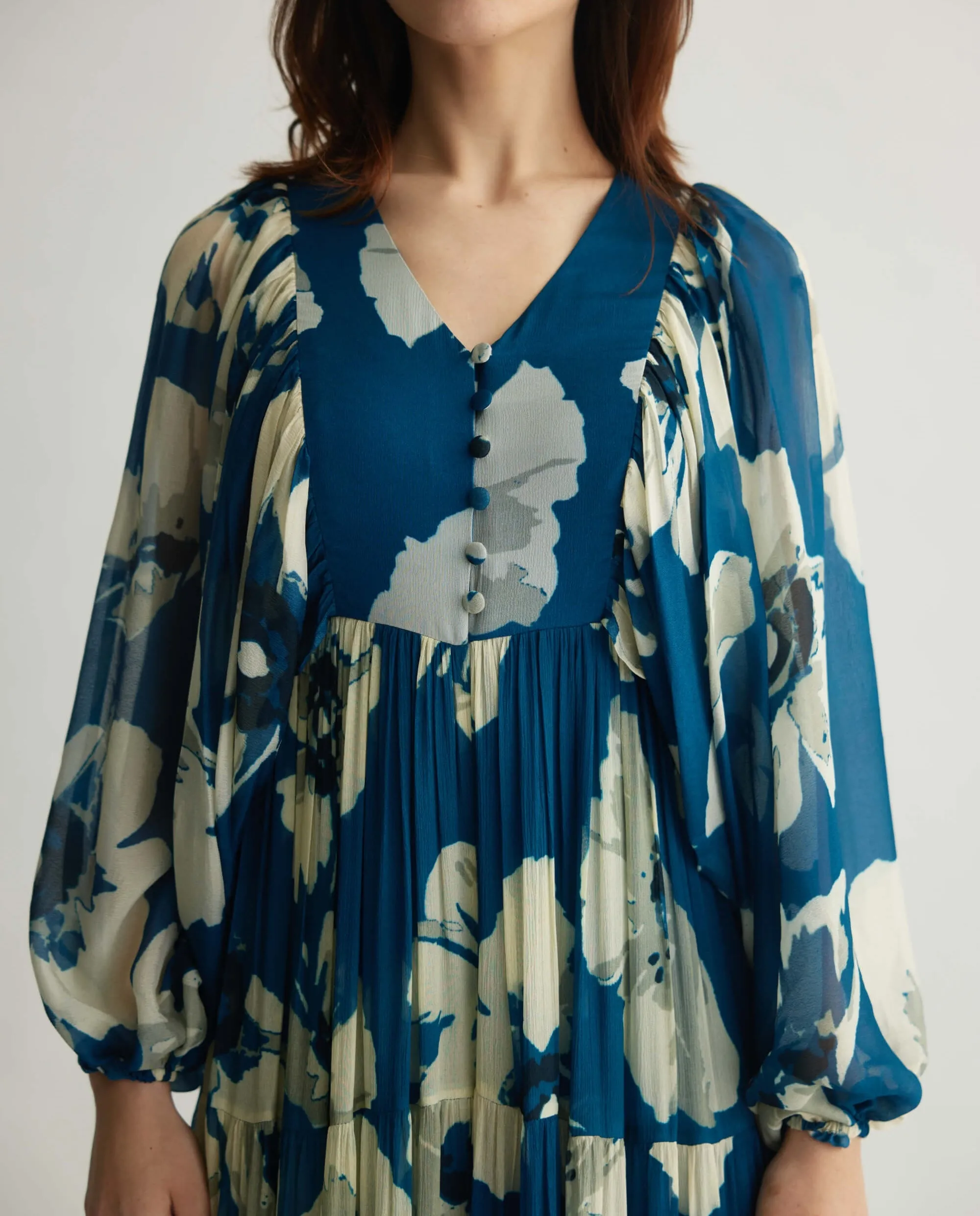 Blue white floral balloon sleeve jumpsuit