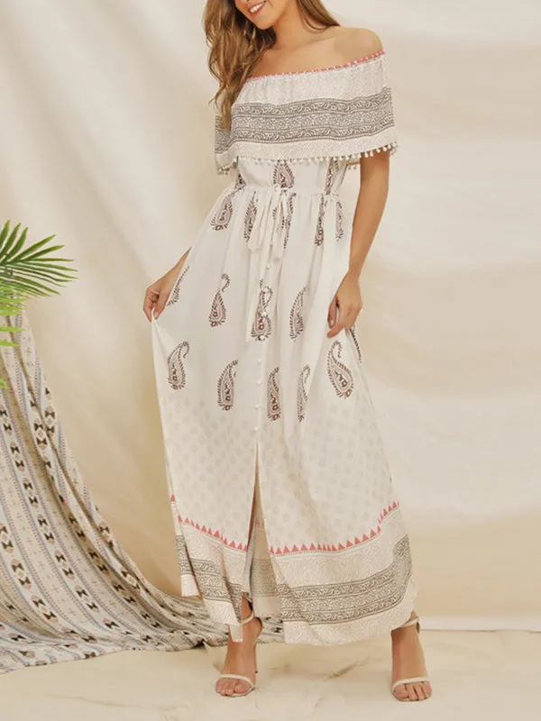 Bohemian Dress With One Shoulder Stitching Chiffon Print Dress