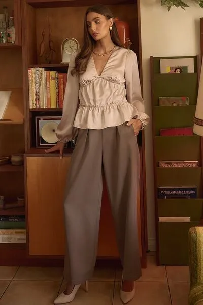 Brown Inverted Pleat Detail Wide Leg Pants