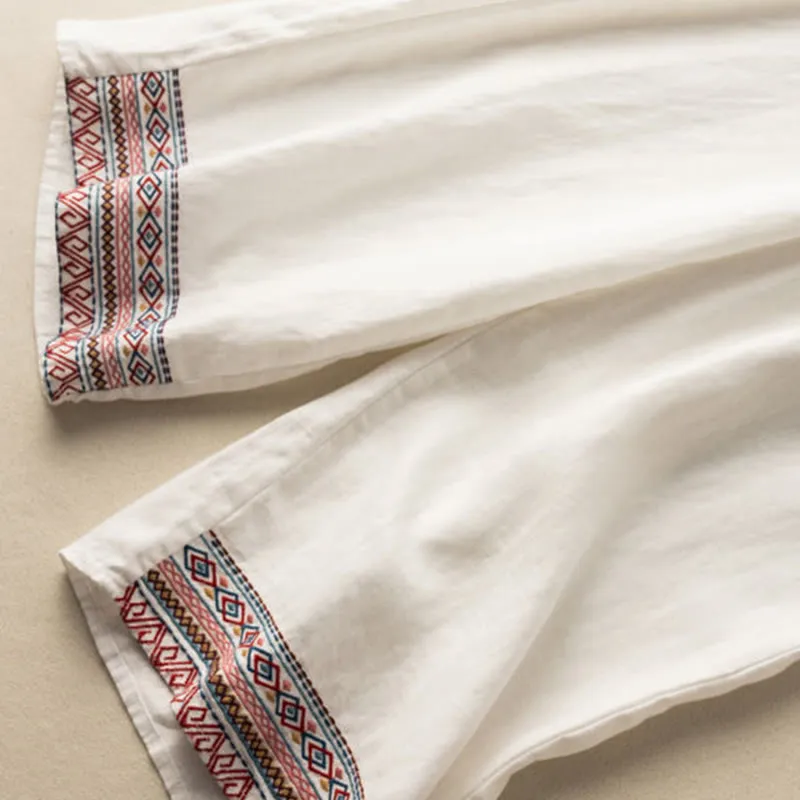 Buddha Stones Casual Embroidery Bohemian Pattern Drawstring Cotton Linen Women's Wide Leg Pants With Pockets