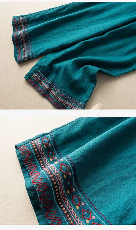 Buddha Stones Casual Embroidery Bohemian Pattern Drawstring Cotton Linen Women's Wide Leg Pants With Pockets