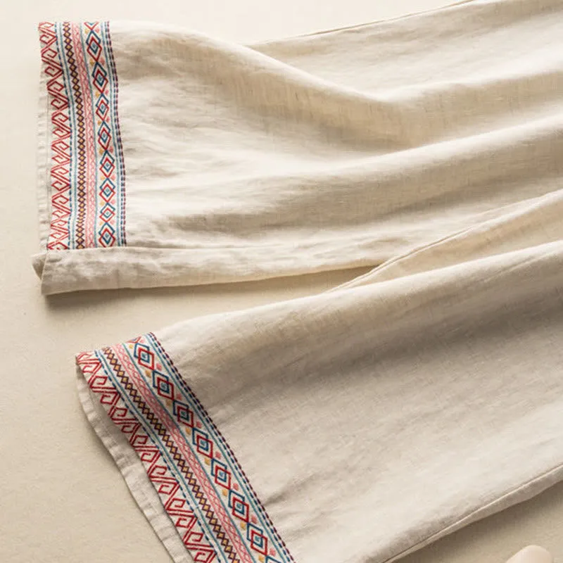 Buddha Stones Casual Embroidery Bohemian Pattern Drawstring Cotton Linen Women's Wide Leg Pants With Pockets