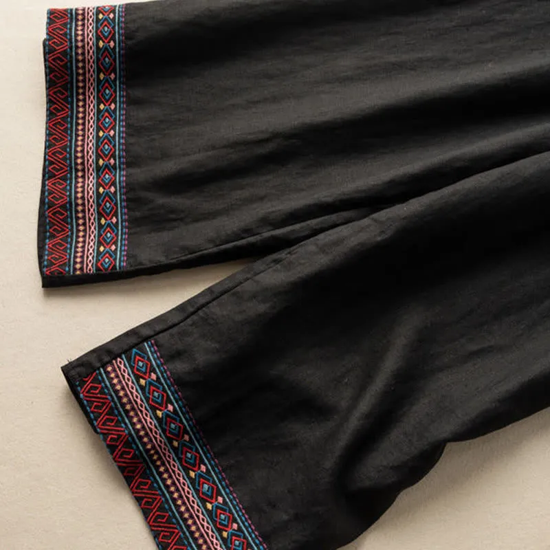 Buddha Stones Casual Embroidery Bohemian Pattern Drawstring Cotton Linen Women's Wide Leg Pants With Pockets