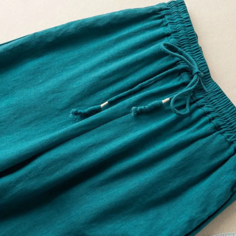 Buddha Stones Casual Embroidery Bohemian Pattern Drawstring Cotton Linen Women's Wide Leg Pants With Pockets