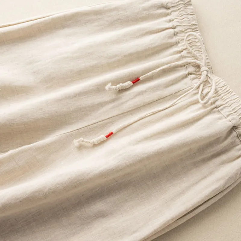 Buddha Stones Casual Embroidery Bohemian Pattern Drawstring Cotton Linen Women's Wide Leg Pants With Pockets
