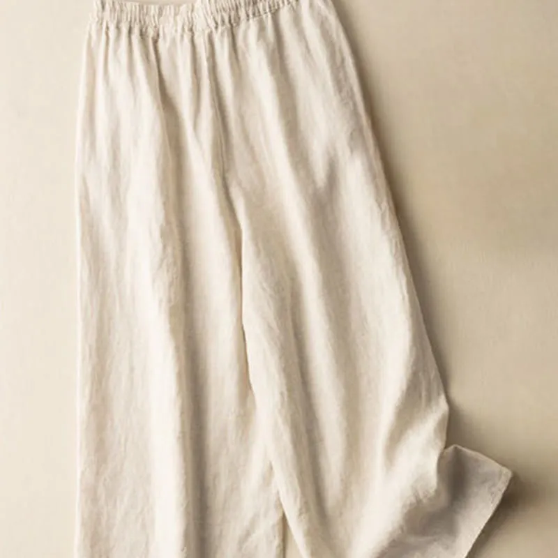 Buddha Stones Casual Embroidery Bohemian Pattern Drawstring Cotton Linen Women's Wide Leg Pants With Pockets