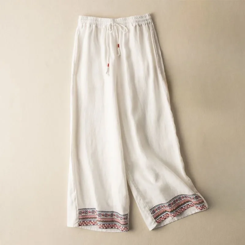Buddha Stones Casual Embroidery Bohemian Pattern Drawstring Cotton Linen Women's Wide Leg Pants With Pockets