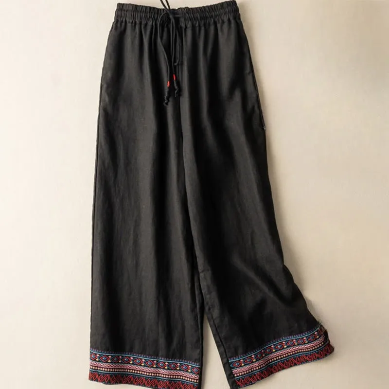Buddha Stones Casual Embroidery Bohemian Pattern Drawstring Cotton Linen Women's Wide Leg Pants With Pockets