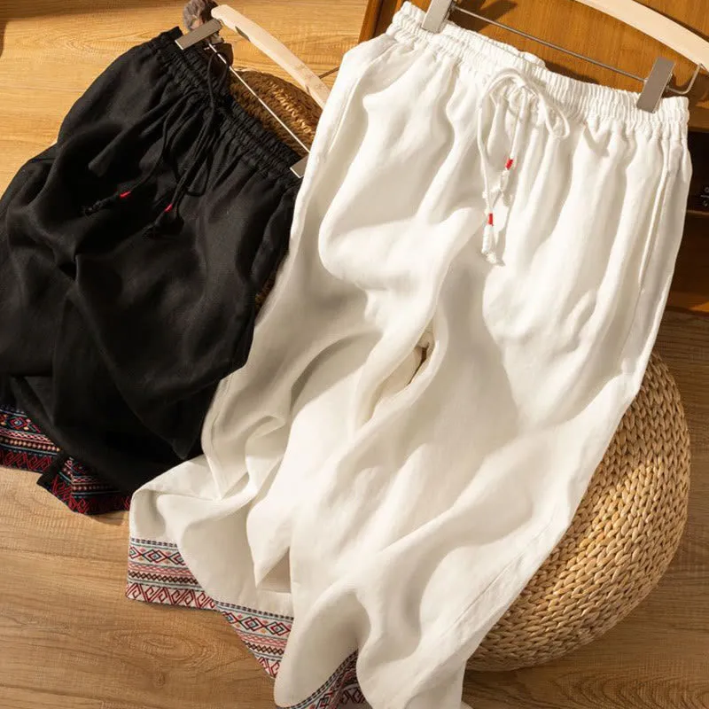 Buddha Stones Casual Embroidery Bohemian Pattern Drawstring Cotton Linen Women's Wide Leg Pants With Pockets