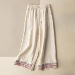 Buddha Stones Casual Embroidery Bohemian Pattern Drawstring Cotton Linen Women's Wide Leg Pants With Pockets
