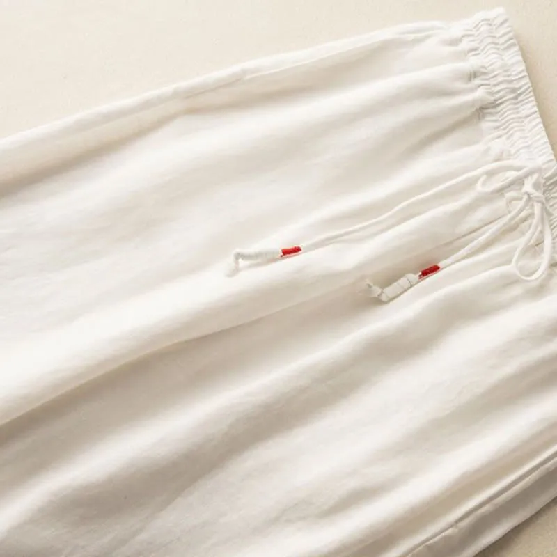 Buddha Stones Casual Embroidery Bohemian Pattern Drawstring Cotton Linen Women's Wide Leg Pants With Pockets