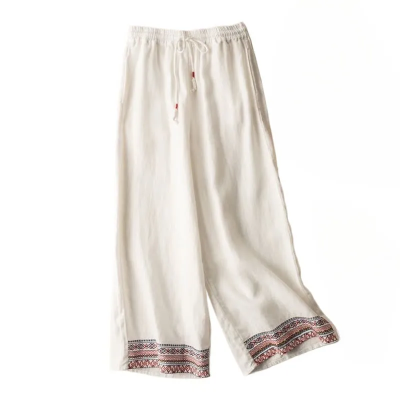 Buddha Stones Casual Embroidery Bohemian Pattern Drawstring Cotton Linen Women's Wide Leg Pants With Pockets
