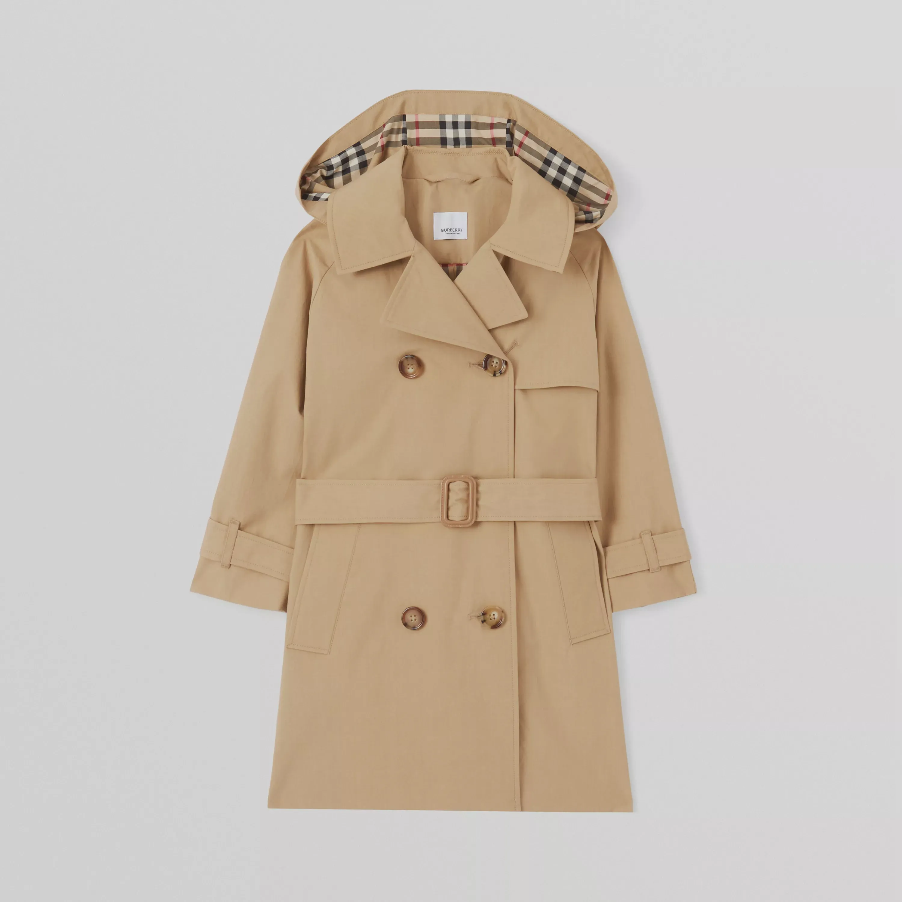 Burberry Detachable Hood Pleated Cotton Trench Coat