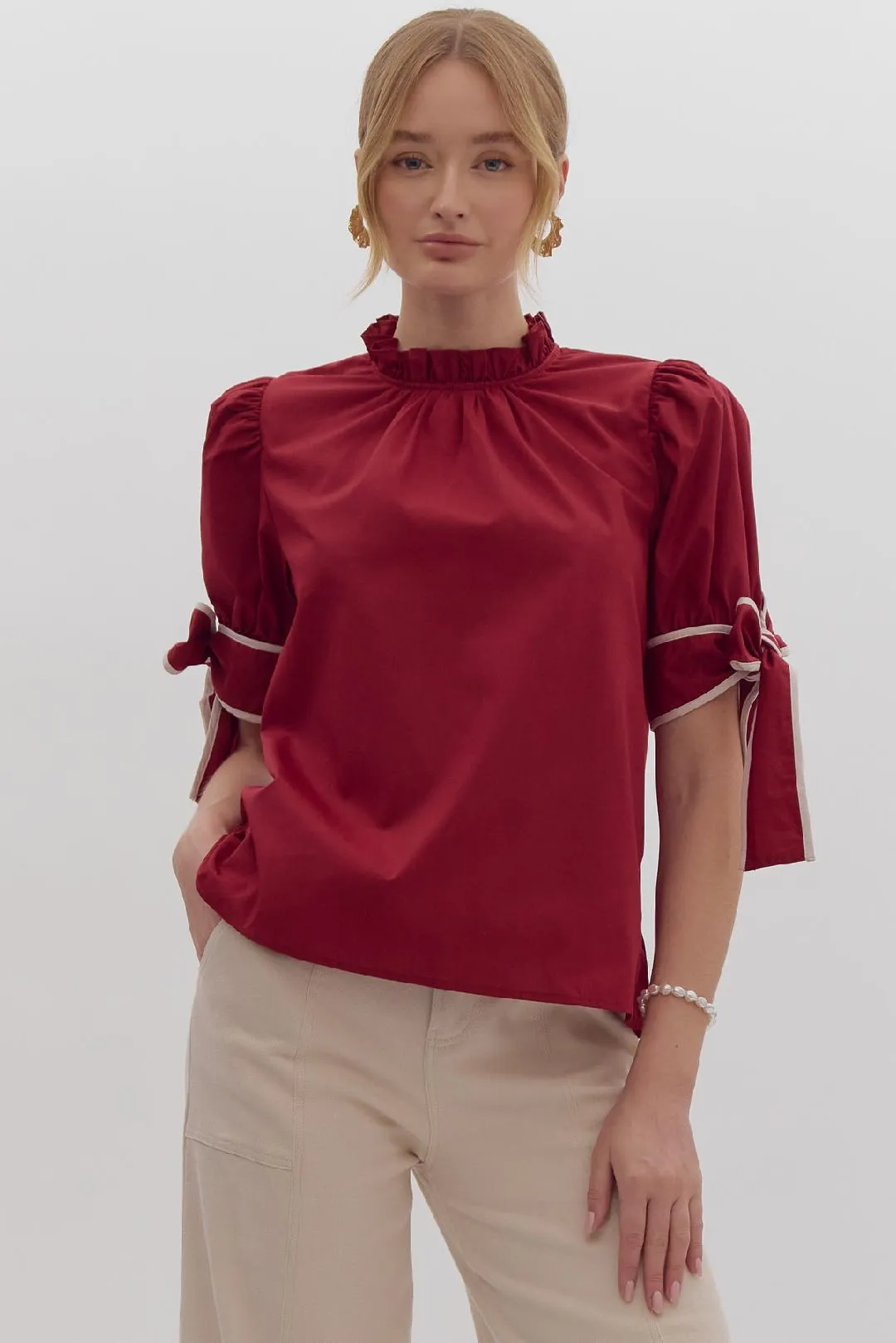 Burgundy Bow Sleeve Blouse