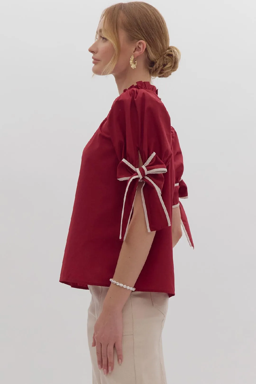 Burgundy Bow Sleeve Blouse