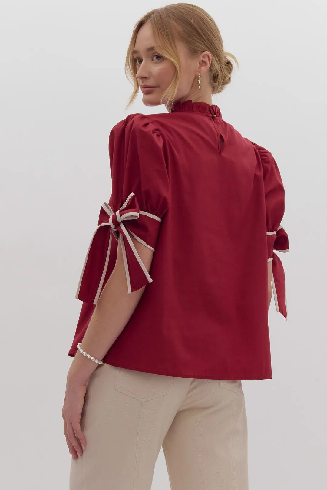 Burgundy Bow Sleeve Blouse