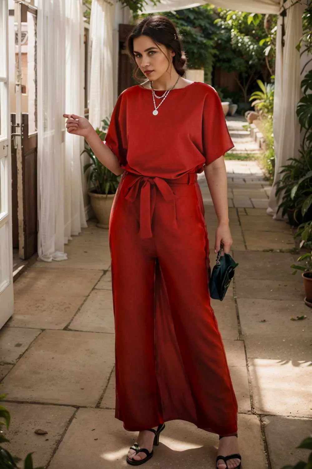 burning red belted wide leg jumpsuit