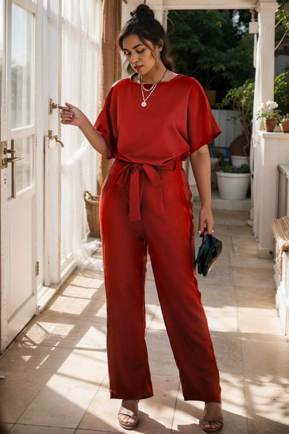 burning red belted wide leg jumpsuit