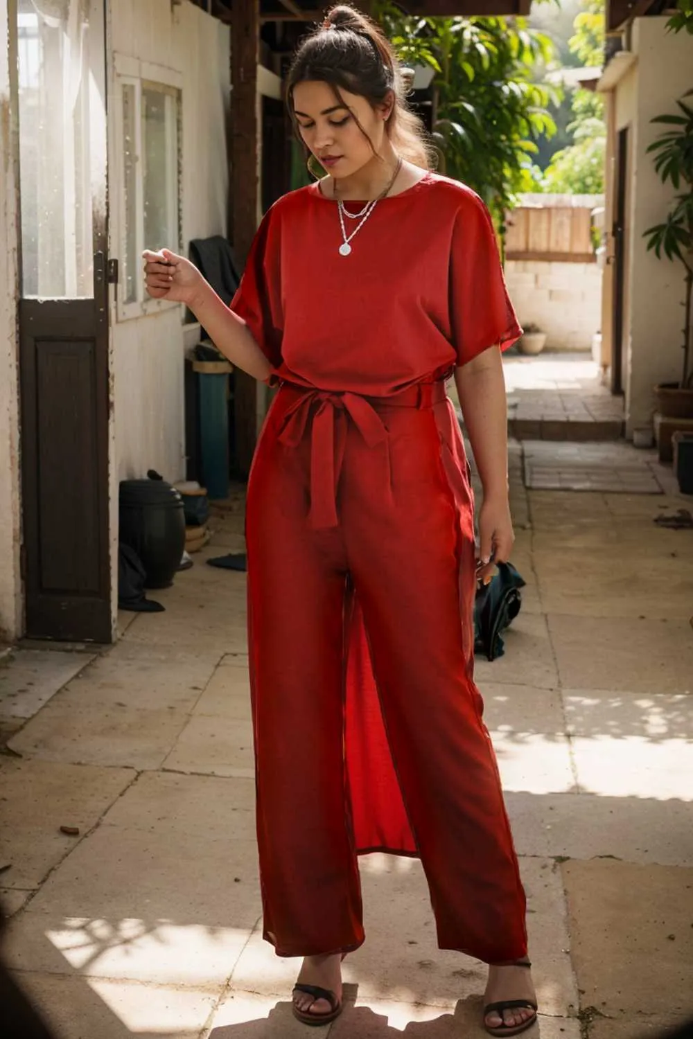 burning red belted wide leg jumpsuit