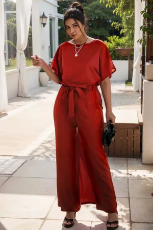 burning red belted wide leg jumpsuit