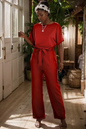 burning red belted wide leg jumpsuit