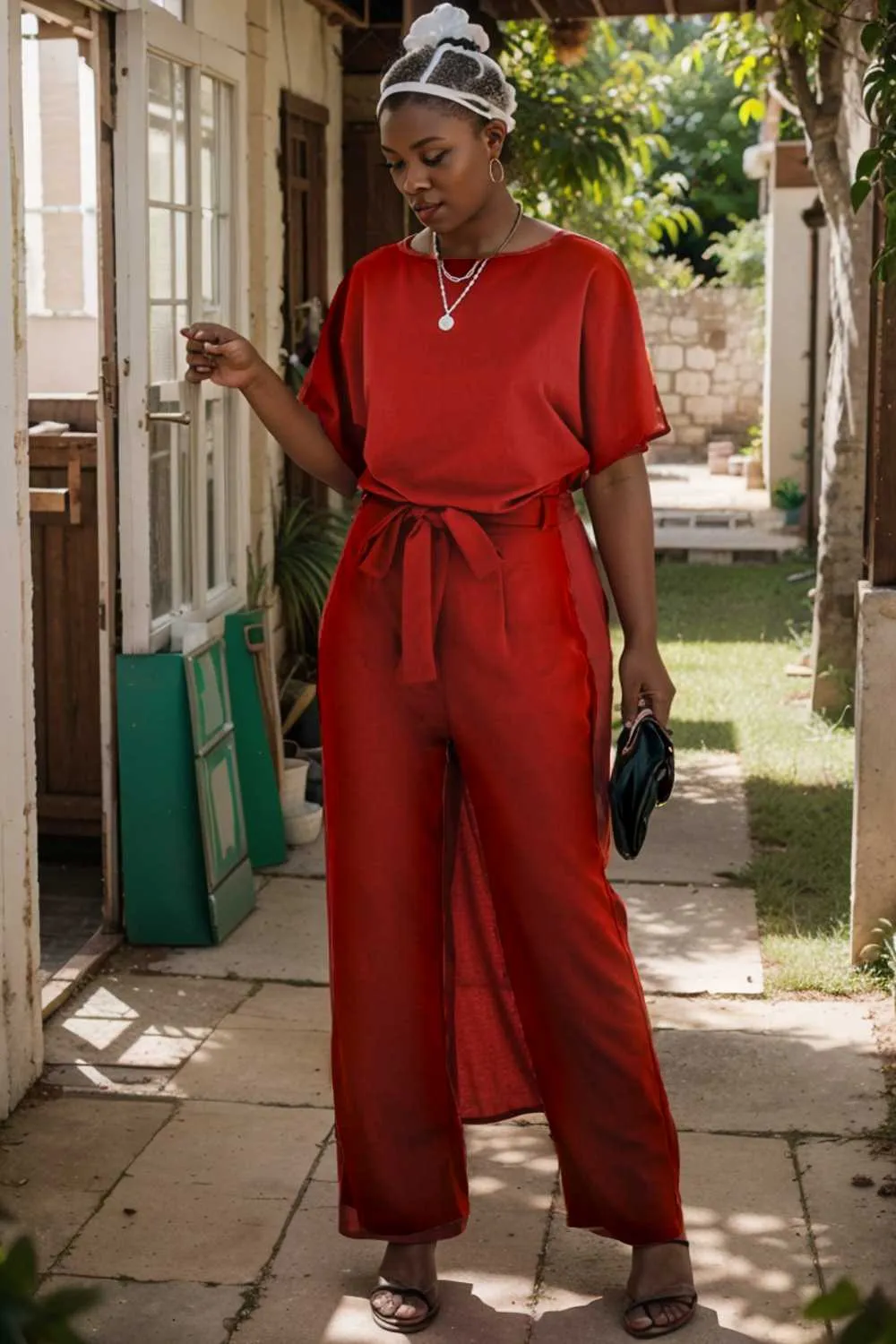 burning red belted wide leg jumpsuit