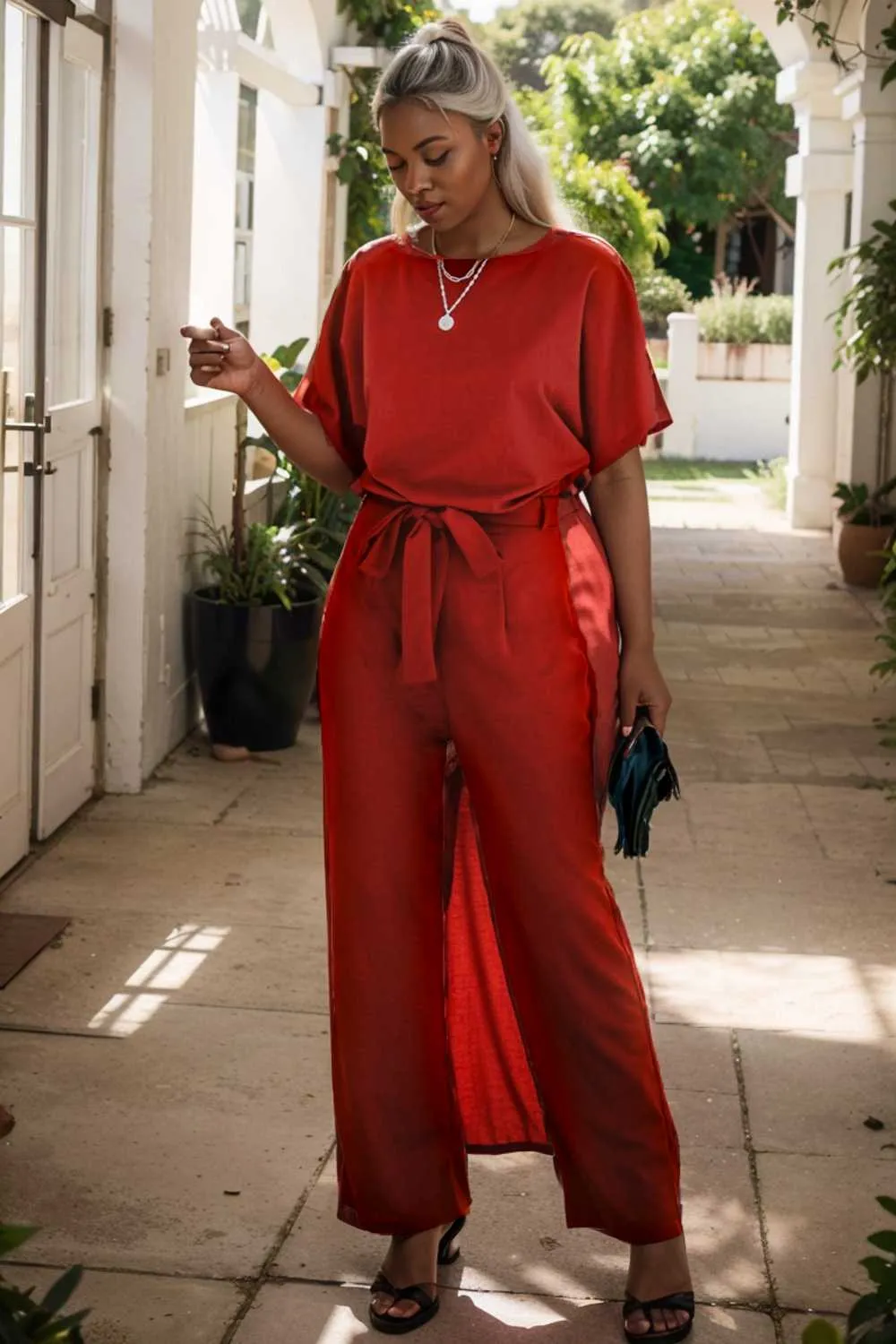 burning red belted wide leg jumpsuit