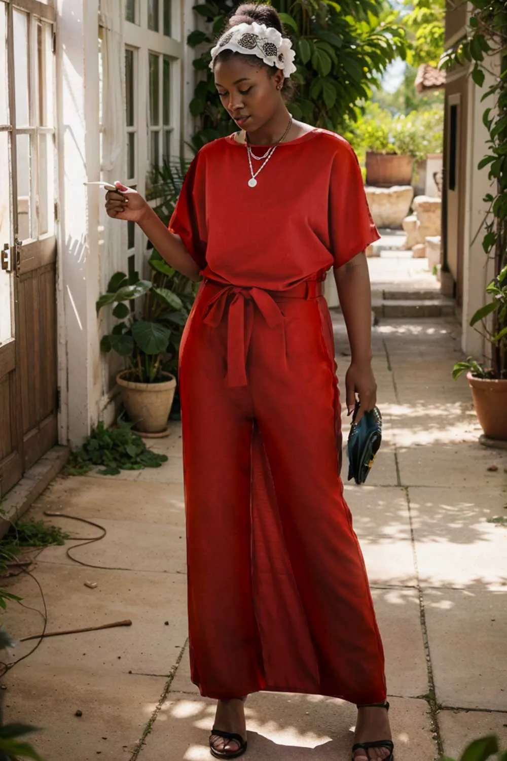 burning red belted wide leg jumpsuit