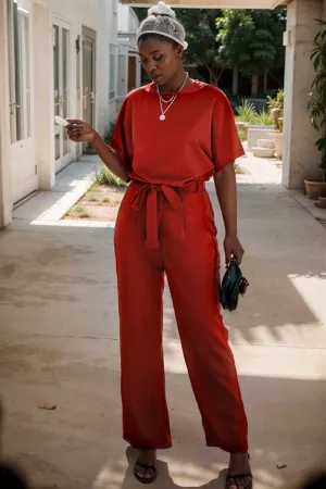 burning red belted wide leg jumpsuit