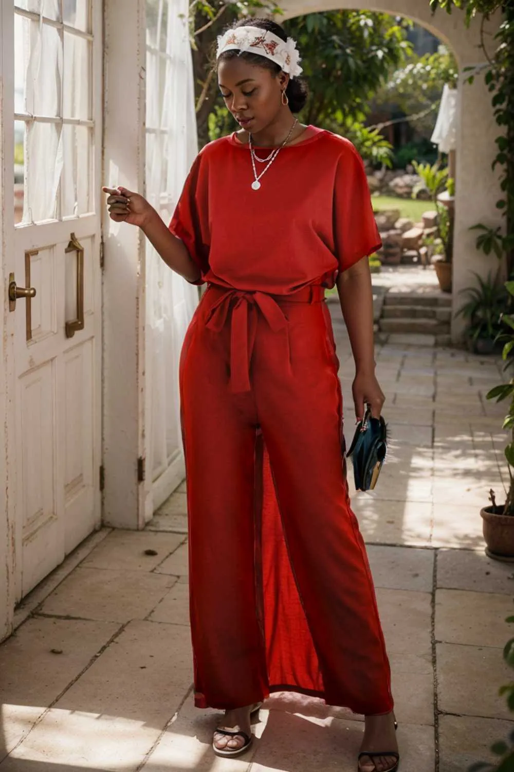 burning red belted wide leg jumpsuit
