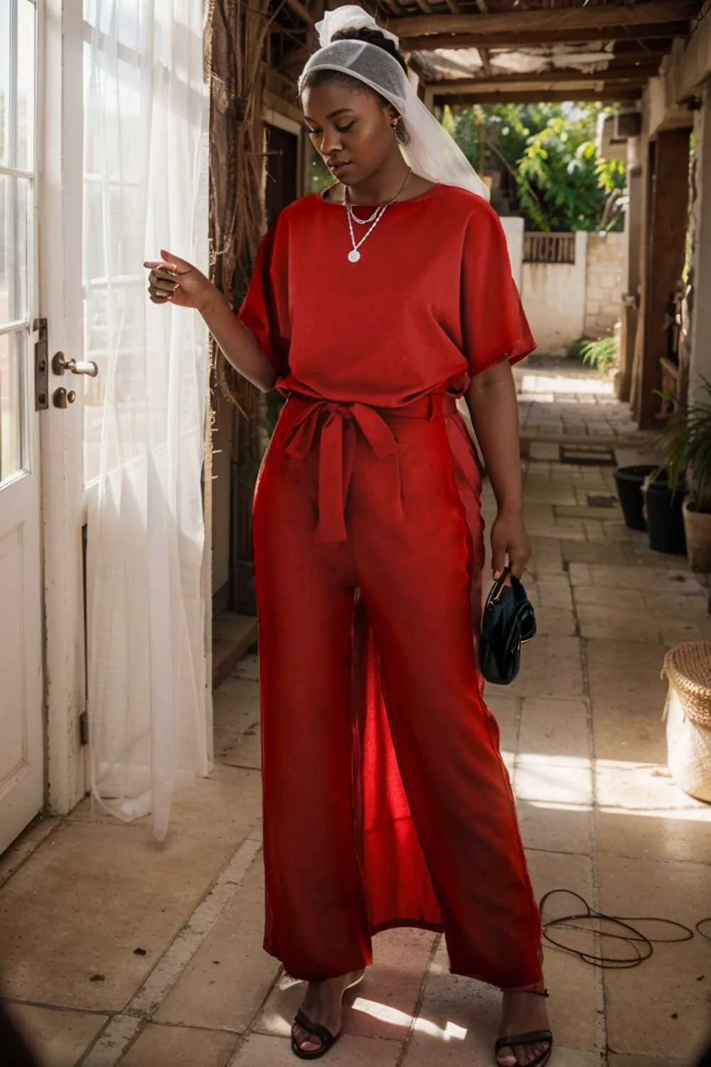 burning red belted wide leg jumpsuit