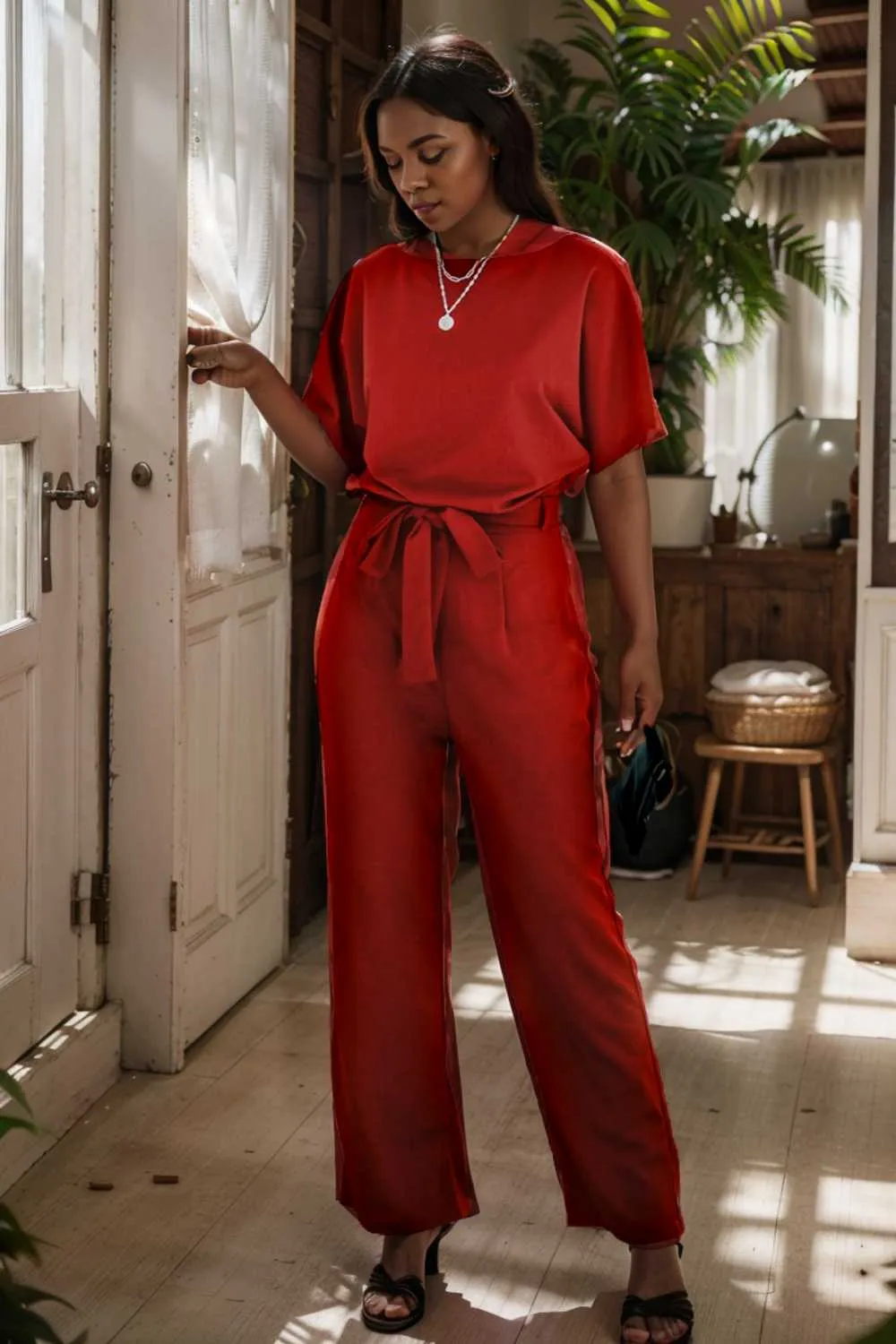 burning red belted wide leg jumpsuit
