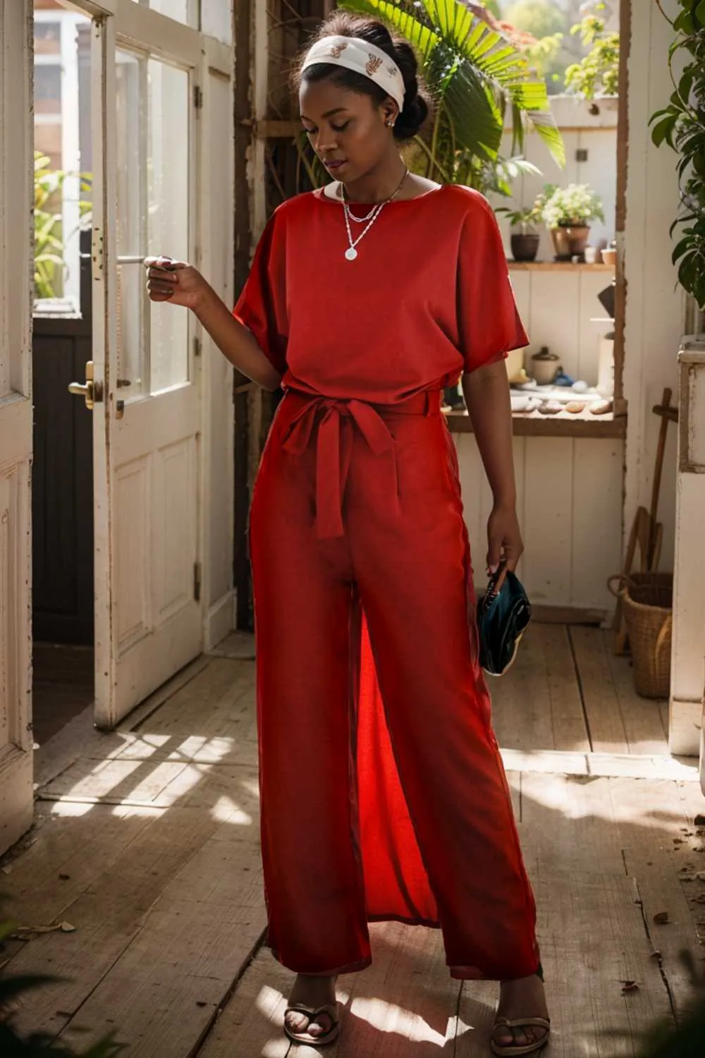 burning red belted wide leg jumpsuit