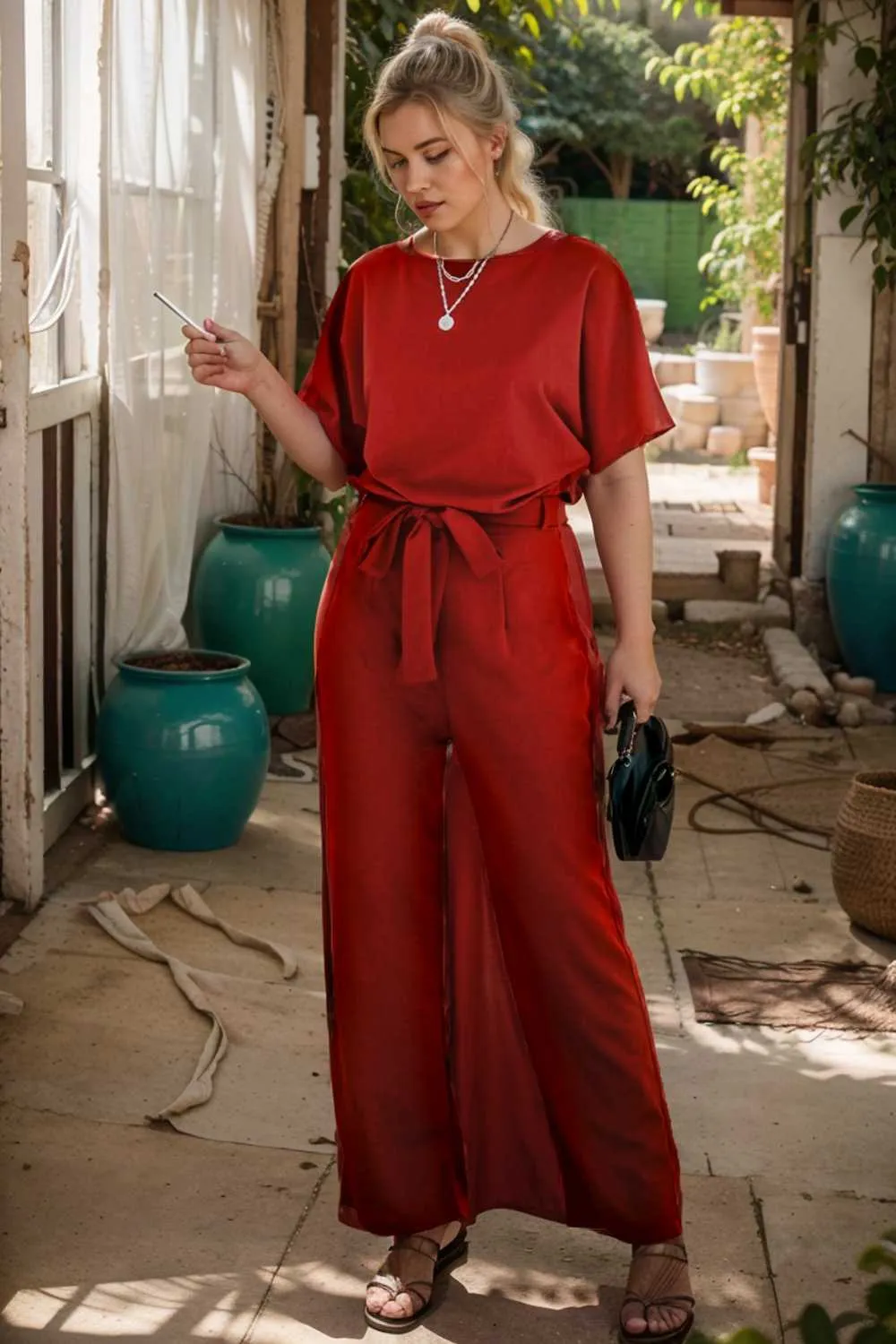 burning red belted wide leg jumpsuit