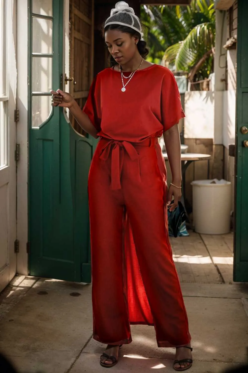 burning red belted wide leg jumpsuit