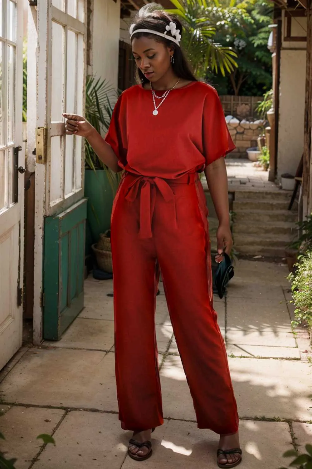 burning red belted wide leg jumpsuit