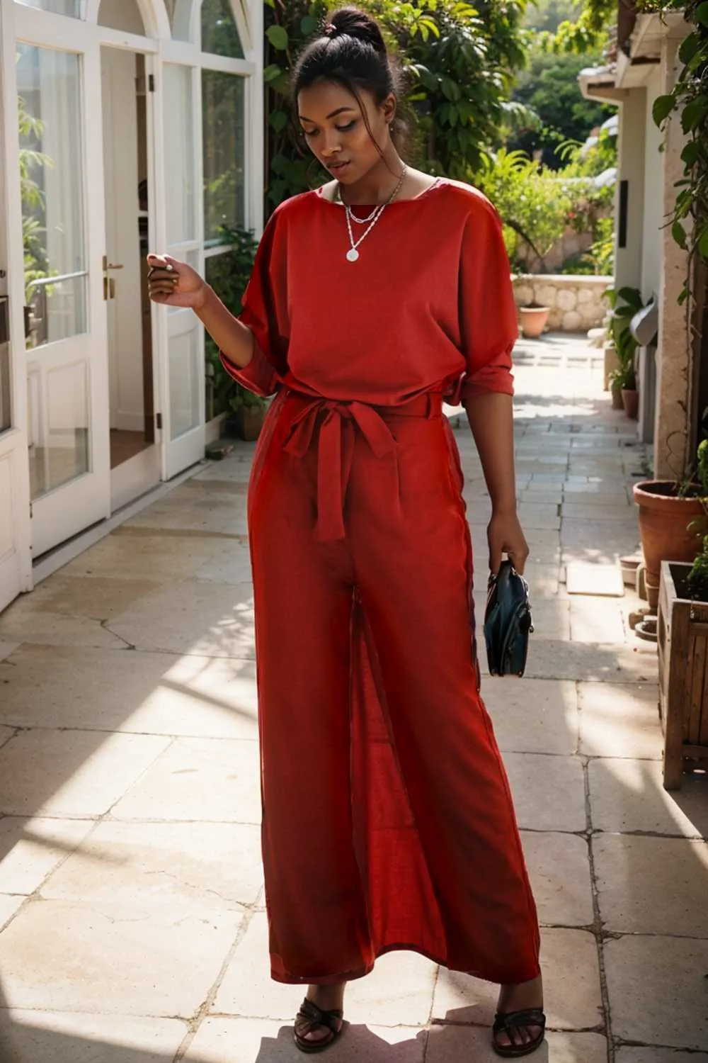 burning red belted wide leg jumpsuit