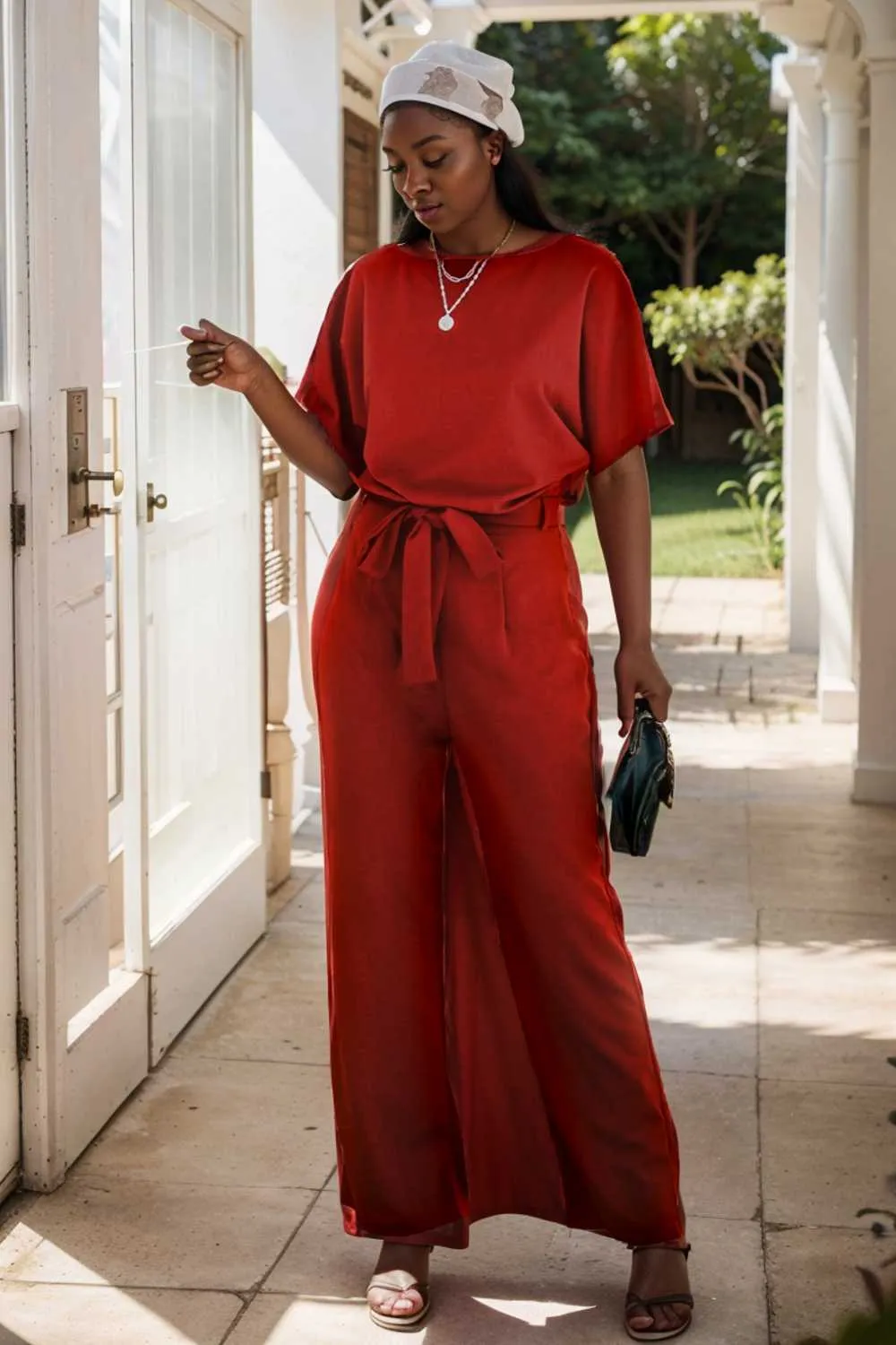 burning red belted wide leg jumpsuit