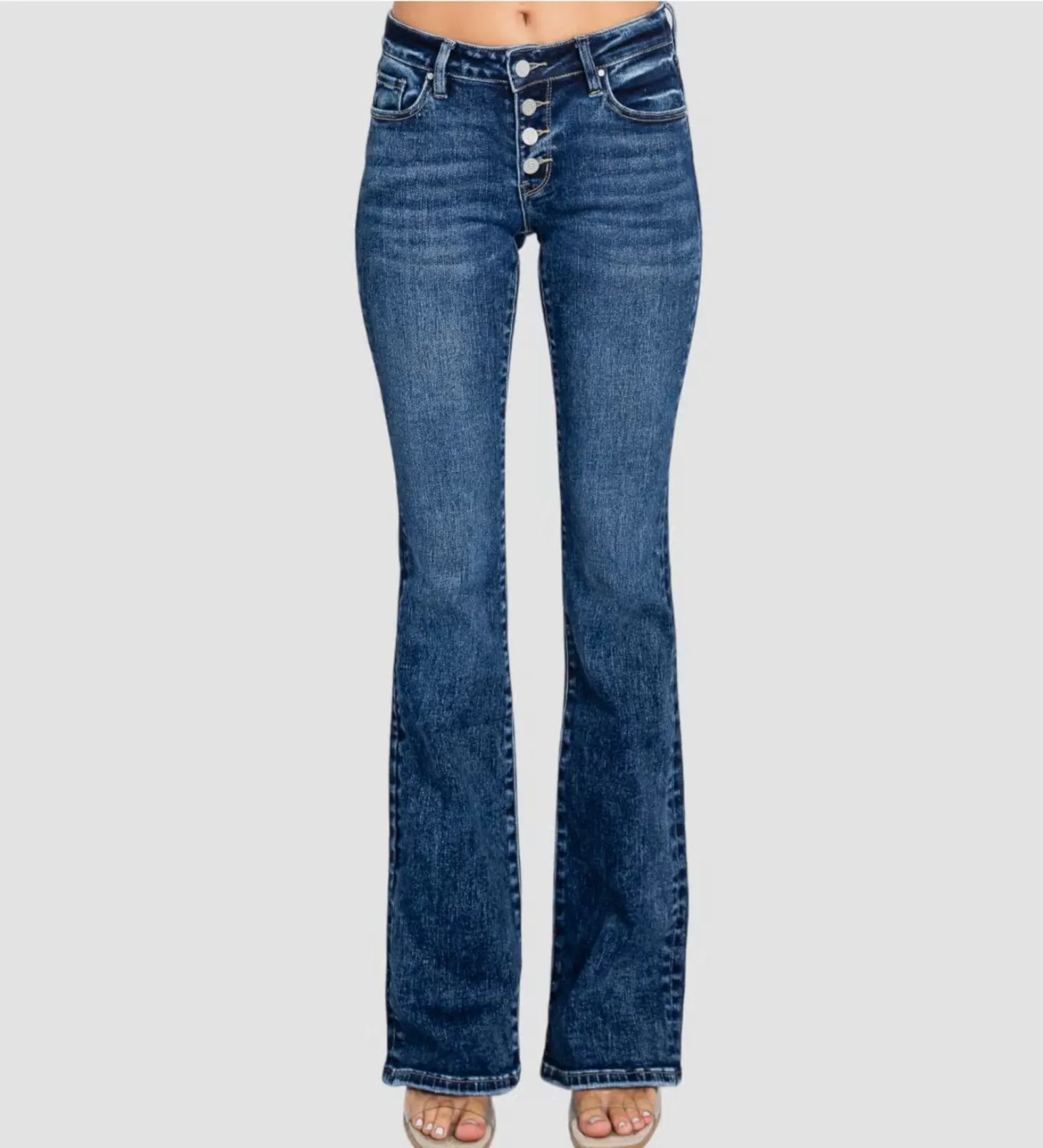 Button Up Low Rise Stone Wash Flare Jeans