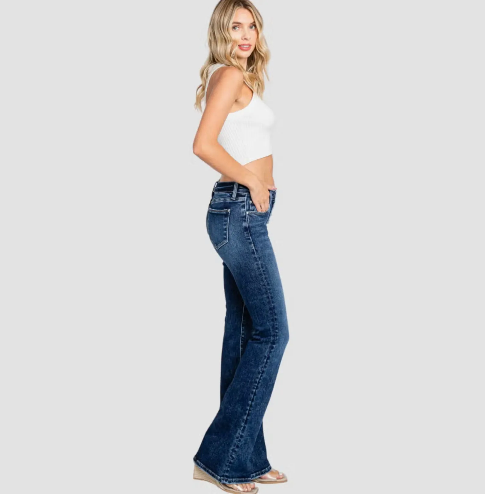 Button Up Low Rise Stone Wash Flare Jeans